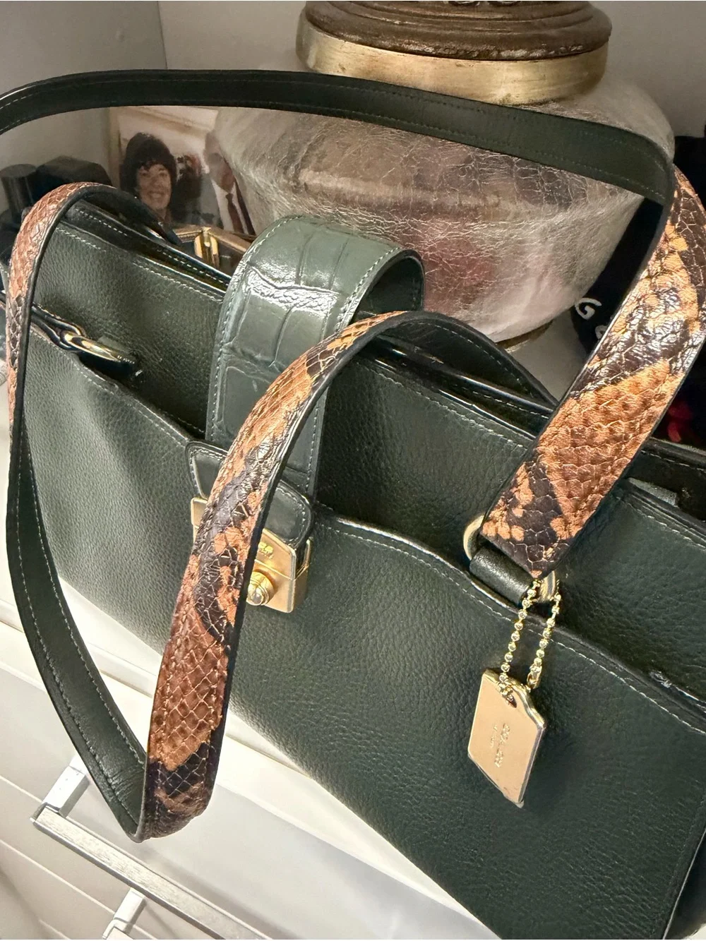 Coach Forest Green Pebbled Leather Satchel with Snake-Print Straps